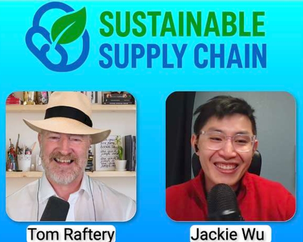 Podcast thumbnail showing host Tom Raftery and guest Jackie Wu smiling during their conversation on the Sustainable Supply Chain Podcast, with the show’s logo above them.